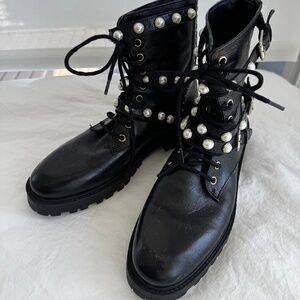 Zara Pearl Embellished Authentic Leather Black Biker Ankle Boots